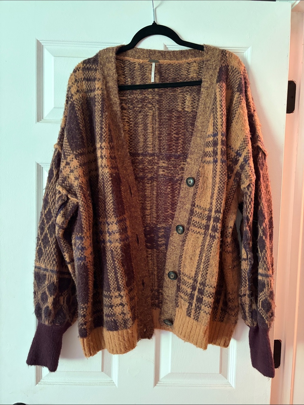 Free People Plaid Button-Front Cardigan in Brown and Purple